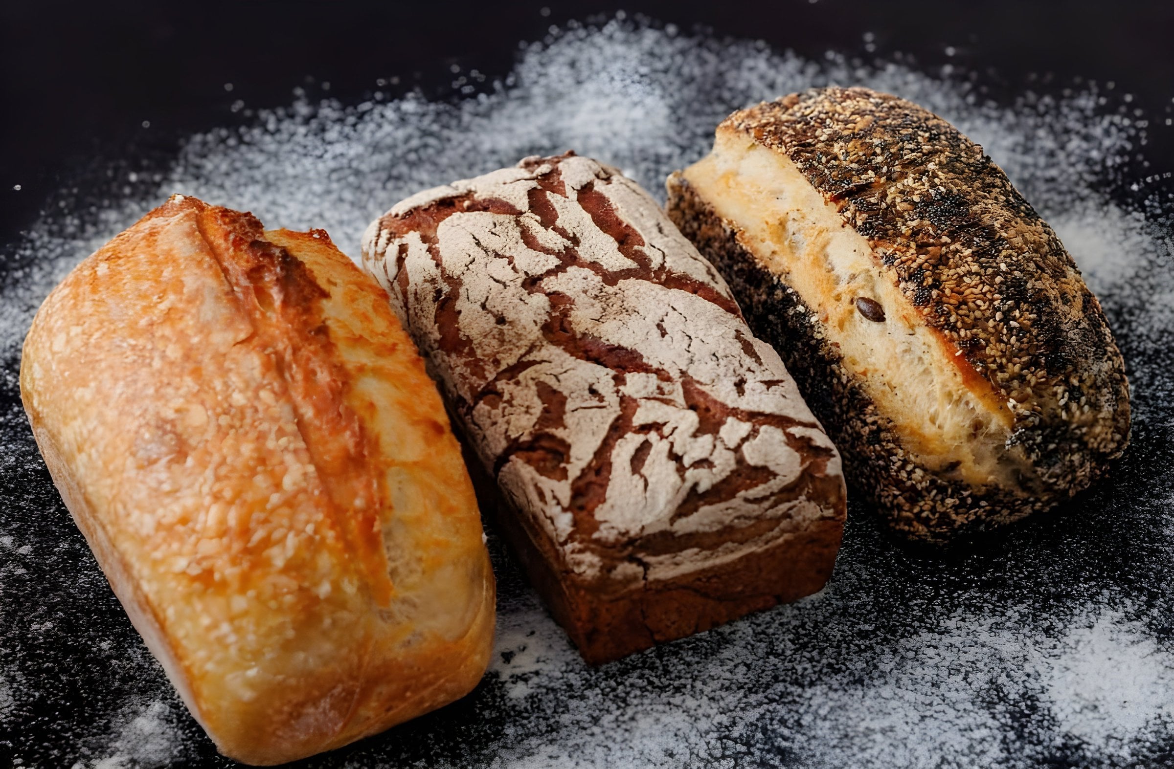 Three sourdough loaves on a dark counter dusted with flour: a white loaf with a golden crust, a dark loaf with a cracked crust and a seeded loaf.