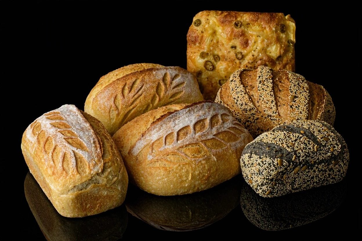 Sourdough loaves on the granite counter: a white loaf with an ear-of-wheat pattern, seeded loaves and an olive focaccia.