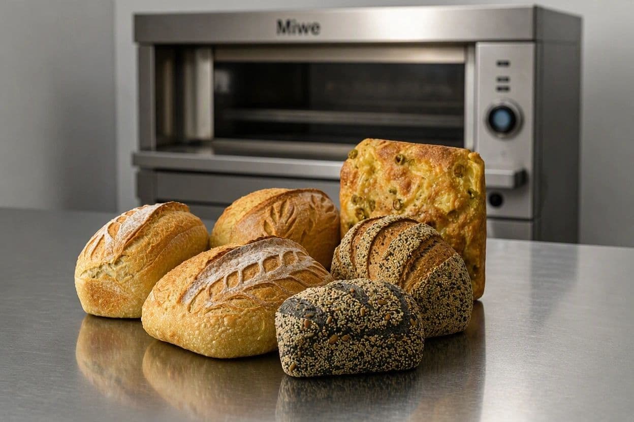 Loaves and focaccia on the steel counter in front of the oven.