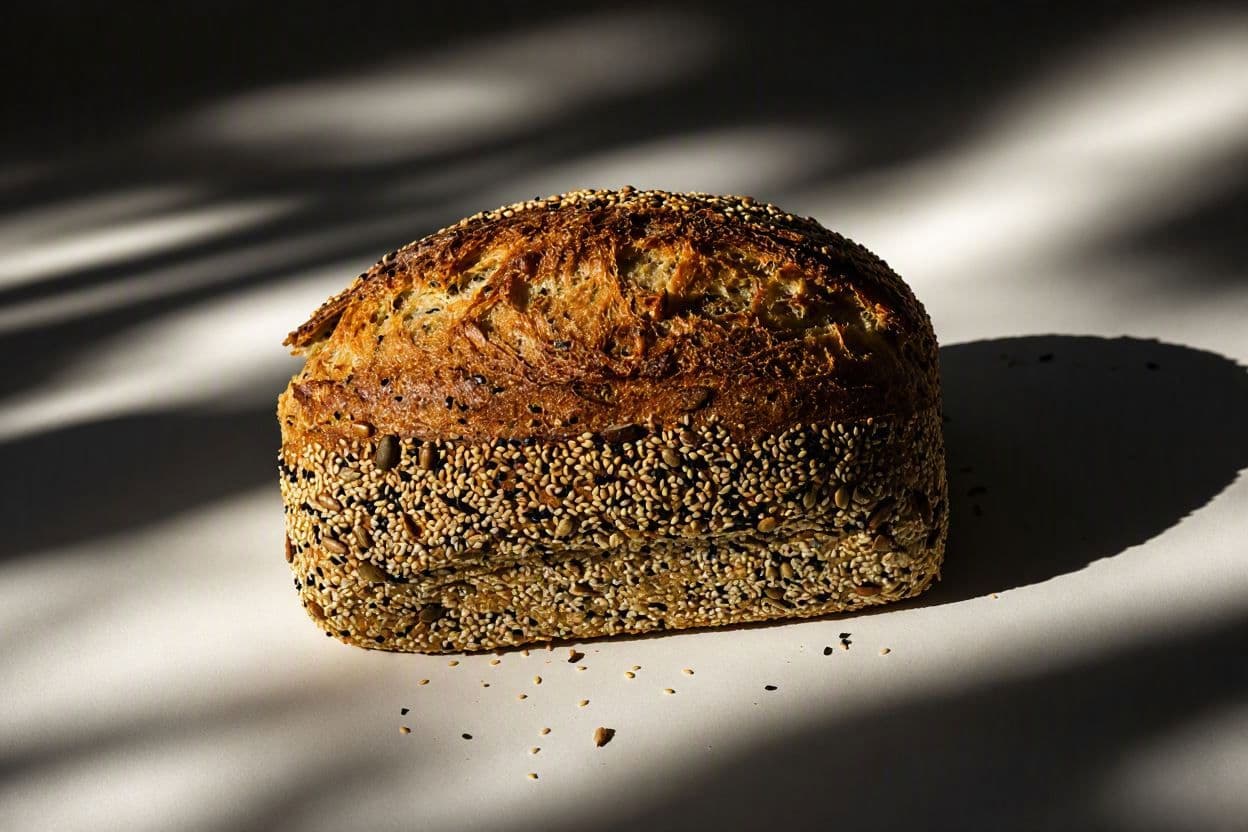 Wholemeal bread with seeds in side light.